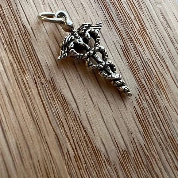Caduceus Medical Charm Vintage Sterling Silver 925 Pendant - Picture 3 of 4